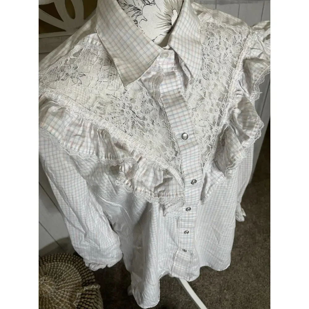 Vintage Rockmount Ranch Wear Womens Lace Pearl Snap Western Shirt Pastel Medium_2